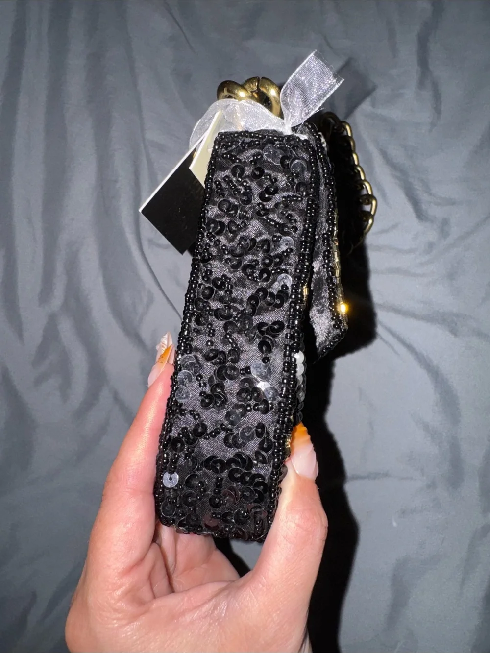 Black Sequin & Pearl-Embellished Shoulder Bag with Gold Chain